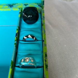 3 fun blue green, black and white, clear Designs Lucite Plastic Acrylic Rings